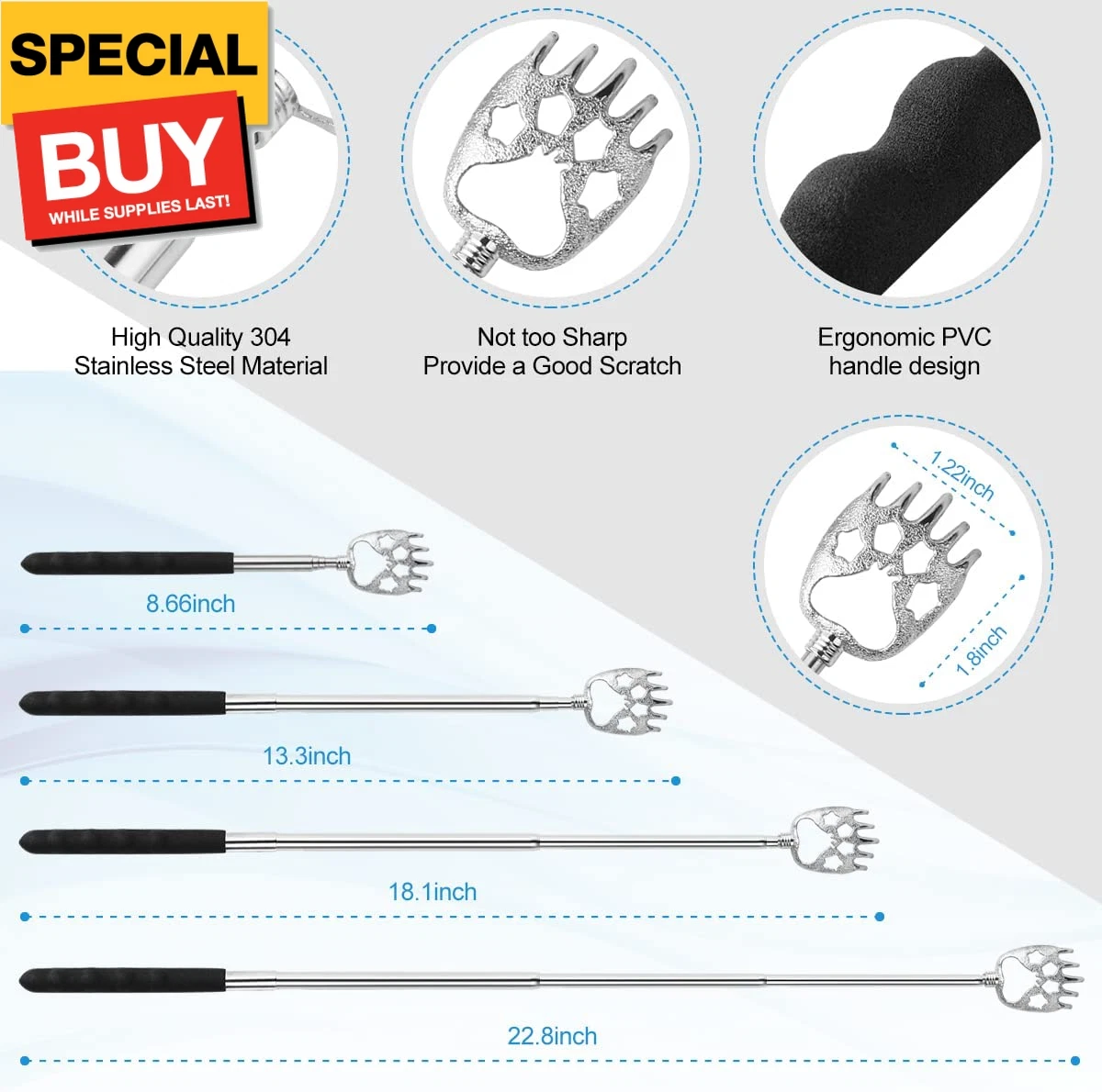 3 Pack Different Back Scratcher Metal Portable Telescoping with Rubber Handles,