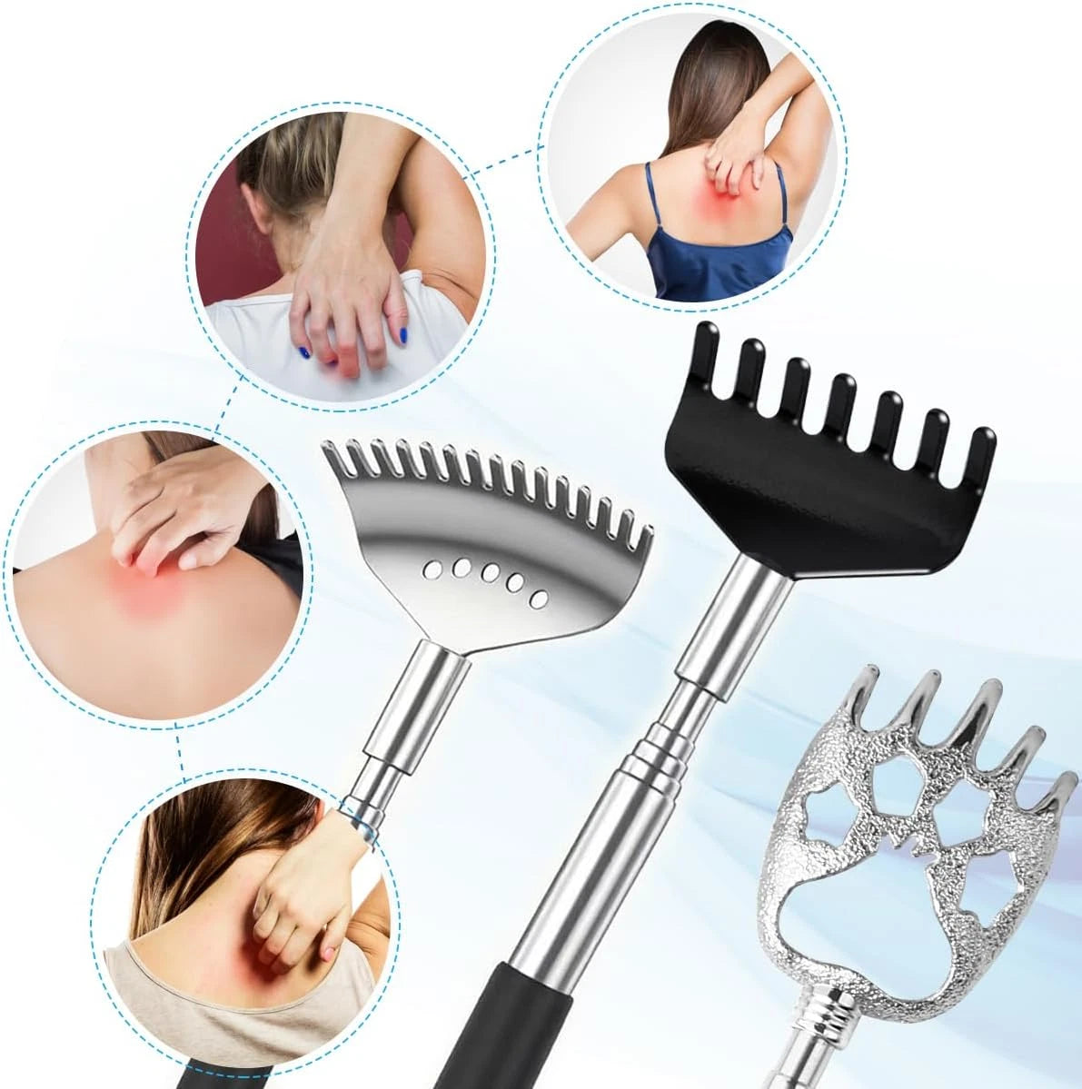 3 Pack Different Back Scratcher Metal Portable Telescoping with Rubber Handles,