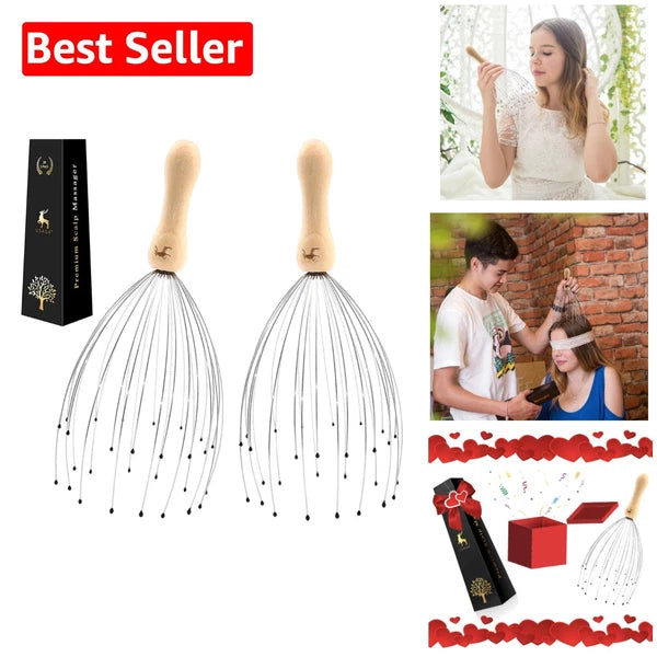 28-Finger Head Massager for Ultimate Relaxation - 2 Pack Stainless Steel & Wood