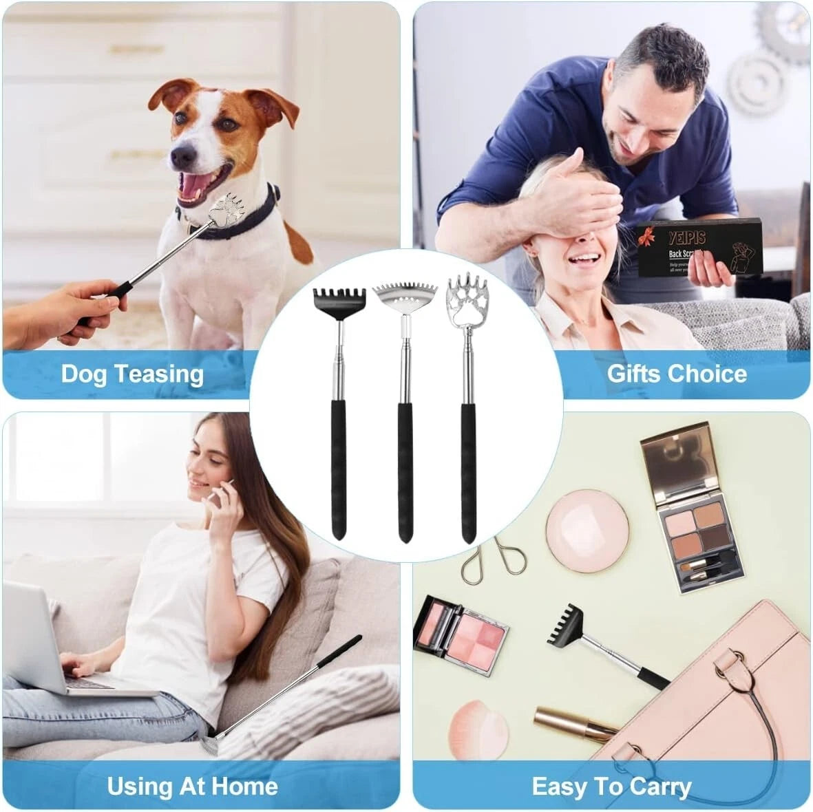 3 Pack Back Scratcher Metal Portable Telescoping Back scratchers with Rubber Han