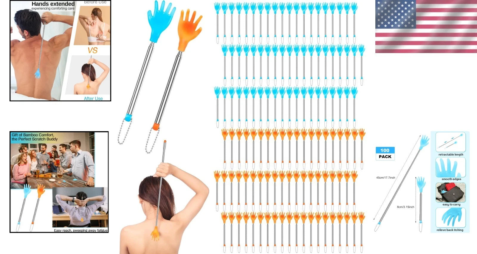 100 Durable Extendable Back Scratchers for Scalp and Body Relief - Yellow & Blue
