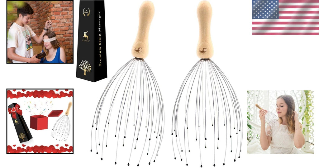28-Finger Head Massager for Ultimate Relaxation - 2 Pack Stainless Steel & Wood