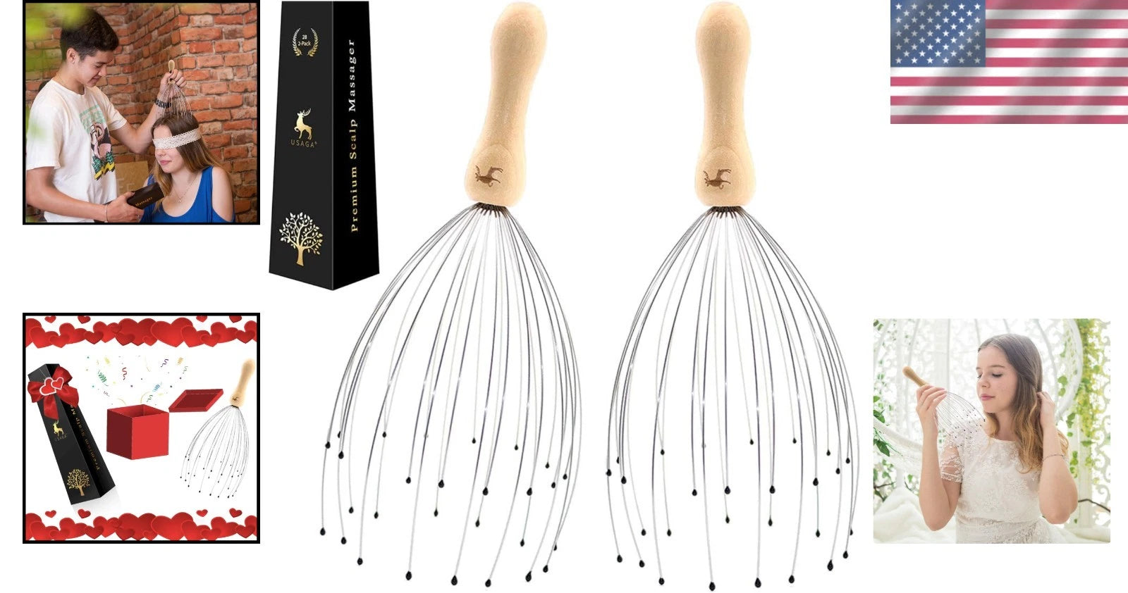 28-Finger Head Massager for Ultimate Relaxation - 2 Pack Stainless Steel & Wood