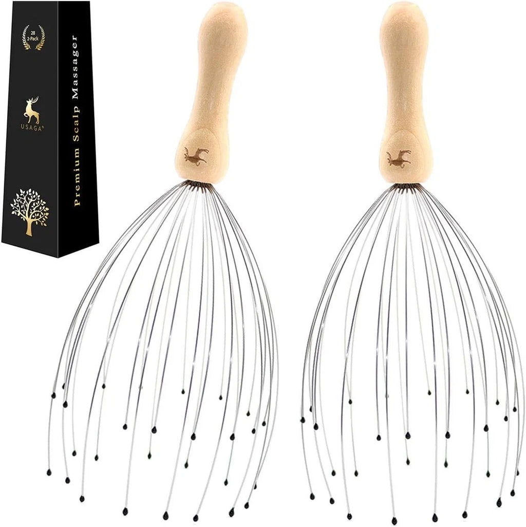 28-Finger Head Massager for Ultimate Relaxation - 2 Pack Stainless Steel & Wood