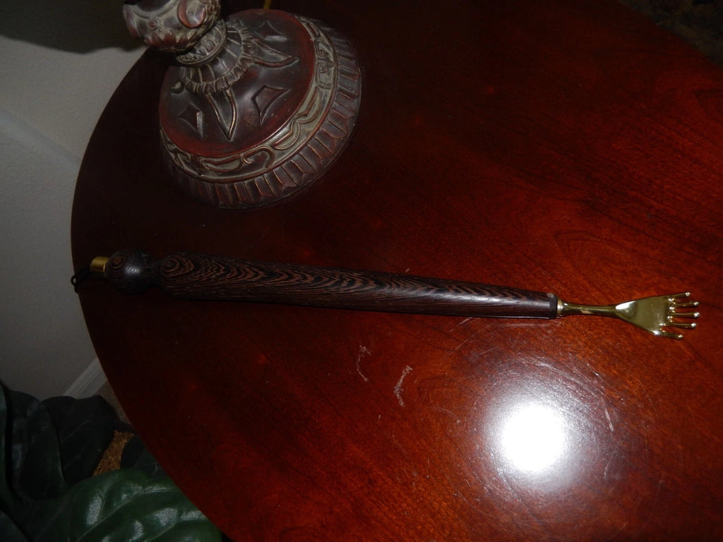 Vintage Rolled Wood, Brass Hand Back Scratcher