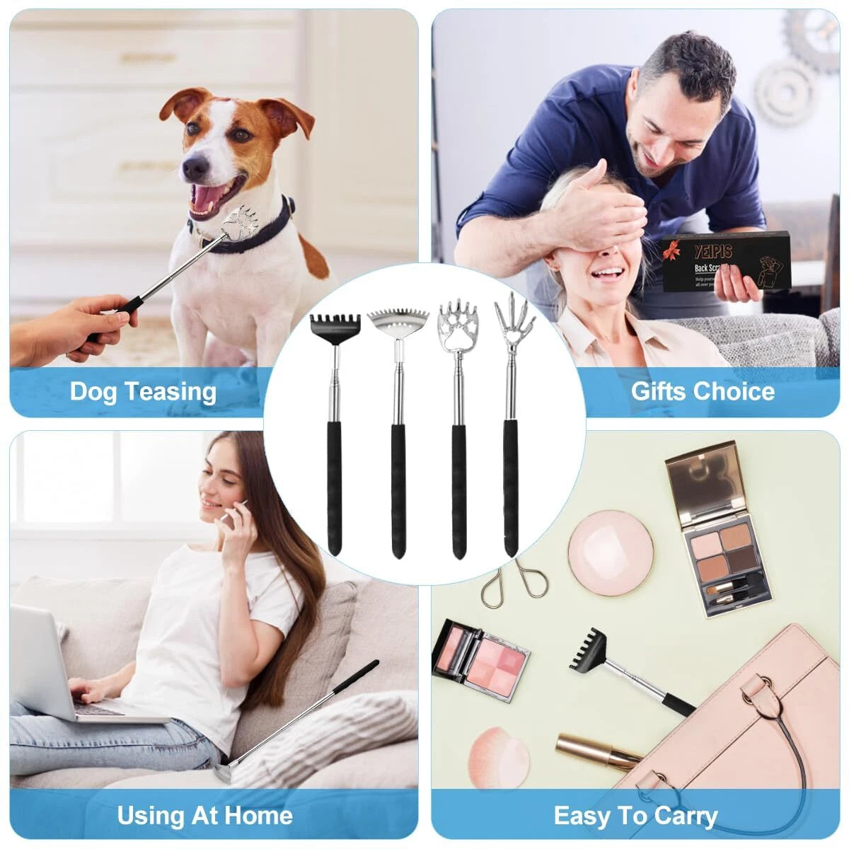 Yeipis 4Pcs Different Back Scratcher Extendable Back Massager Tool,Black