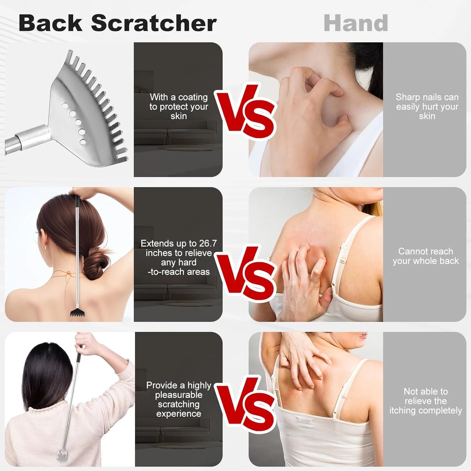 XKOS 4pcs Back Scratcher Portable Telescoping Rubber Handles Metal Back Massager