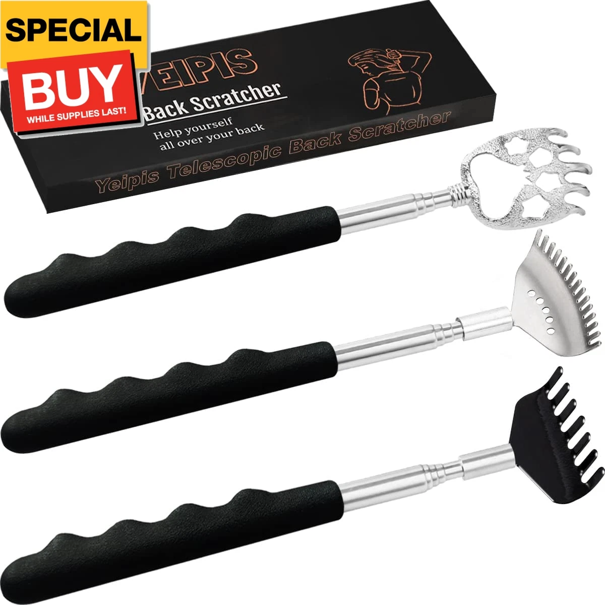 3 Pack Different Back Scratcher Metal Portable Telescoping with Rubber Handles,