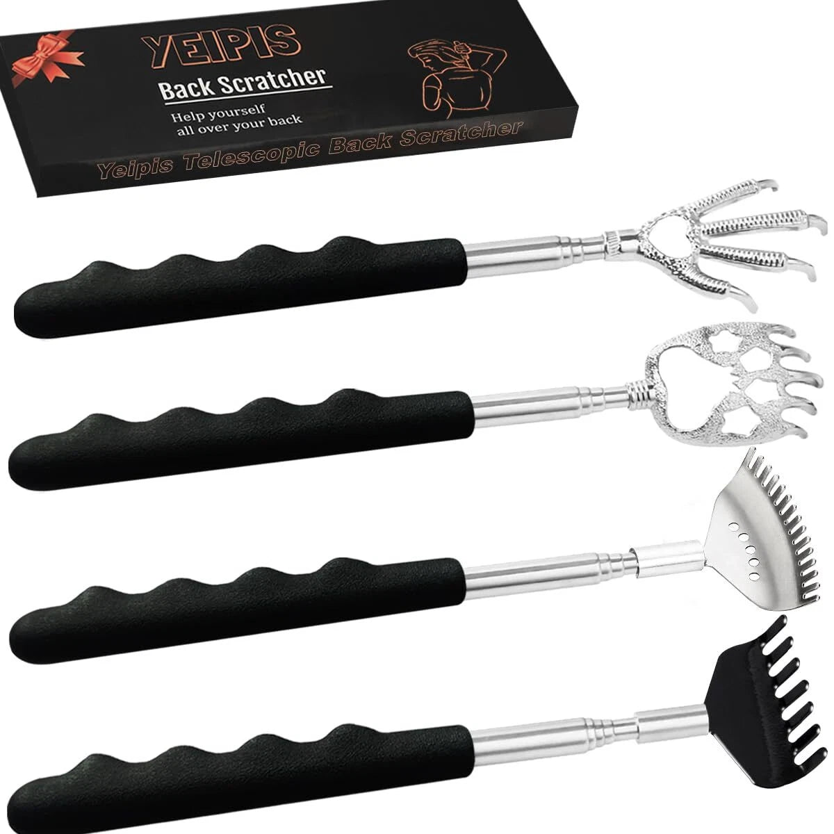 Yeipis 4Pcs Different Back Scratcher Extendable Back Massager Tool,Black