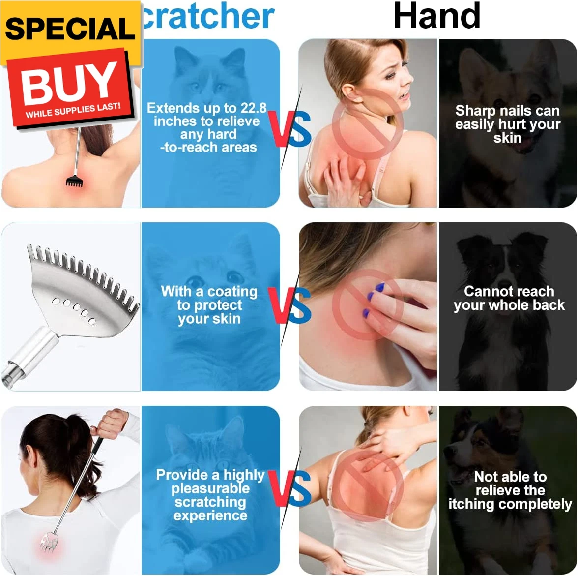 3 Pack Different Back Scratcher Metal Portable Telescoping with Rubber Handles,