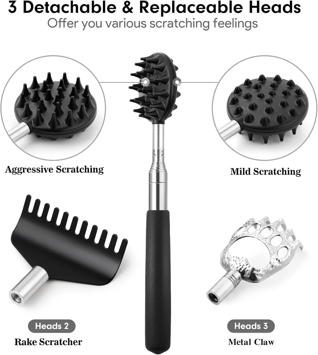 Telescoping Back Scratcher with 4 Detachable Heads, Adjustable Metal Scraper