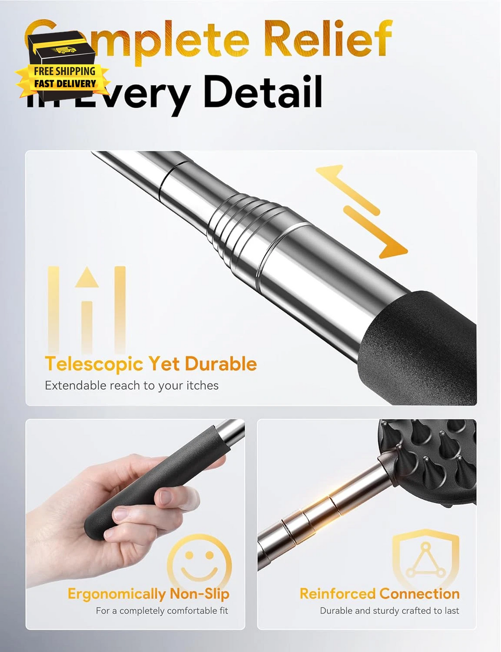 Telescoping Back Scratcher with 4Pcs Detachable Scratching Heads, Fathers Day Da