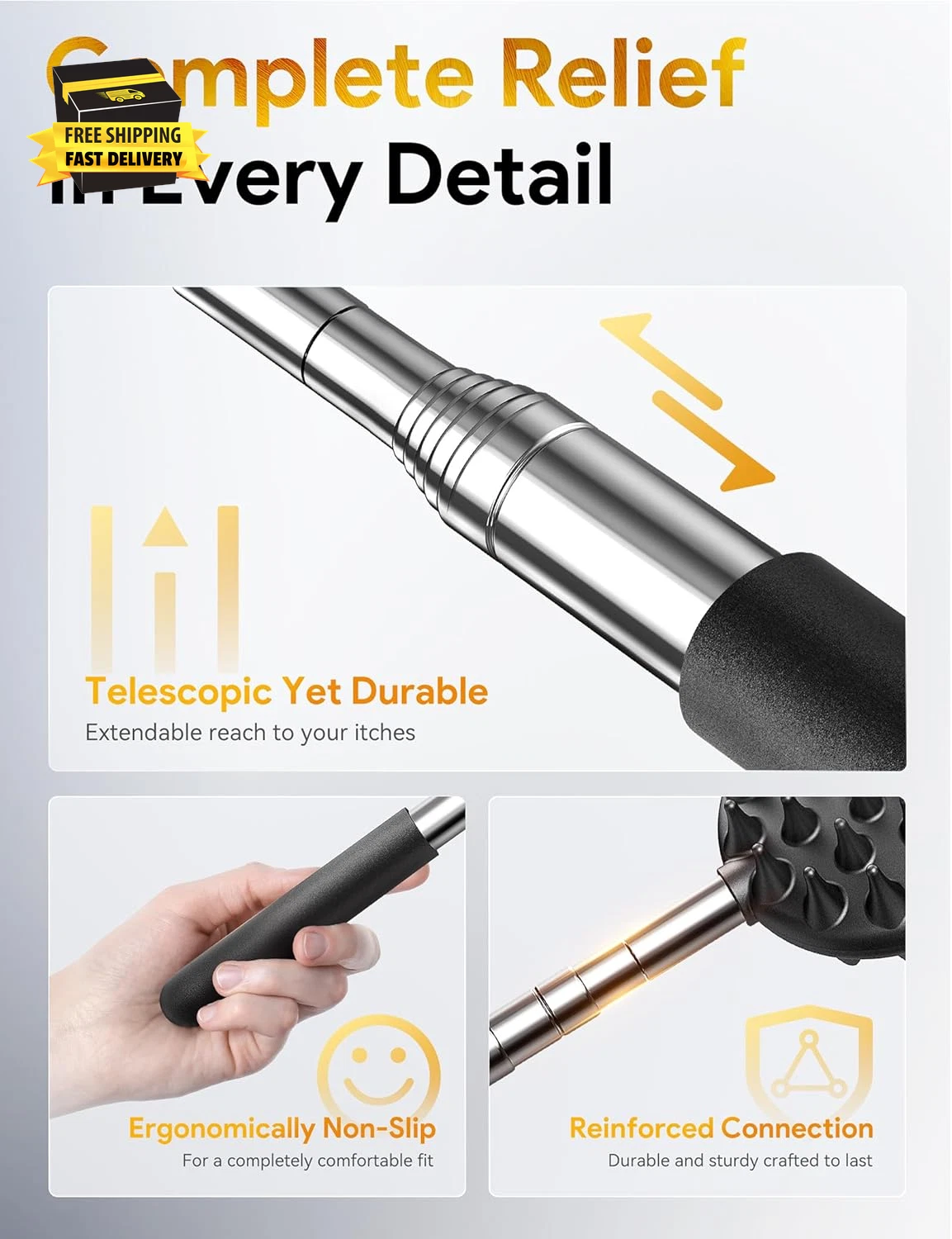 Telescoping Back Scratcher with 4Pcs Detachable Scratching Heads, Fathers Day Da