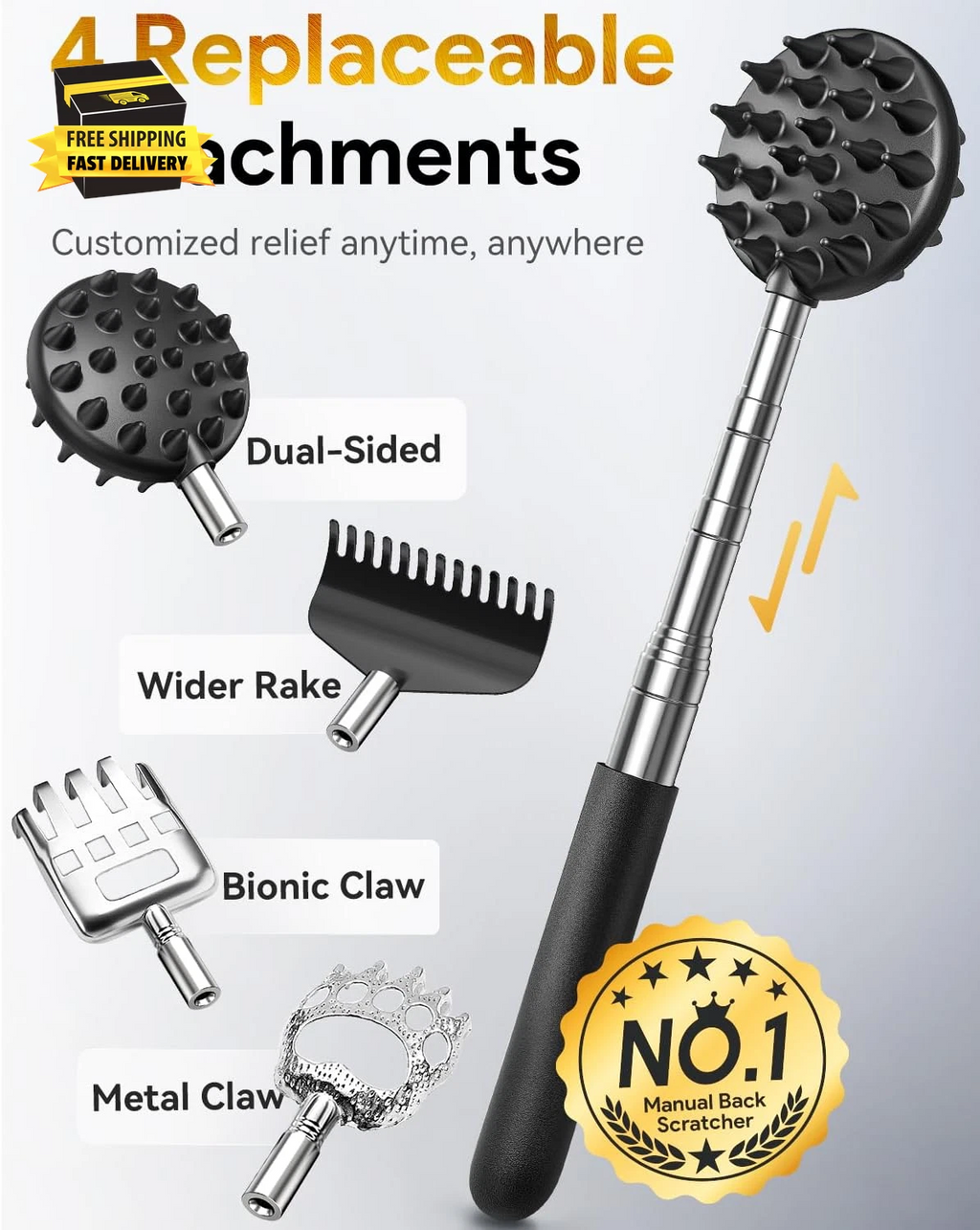 Telescoping Back Scratcher with 4Pcs Detachable Scratching Heads, Fathers Day Da