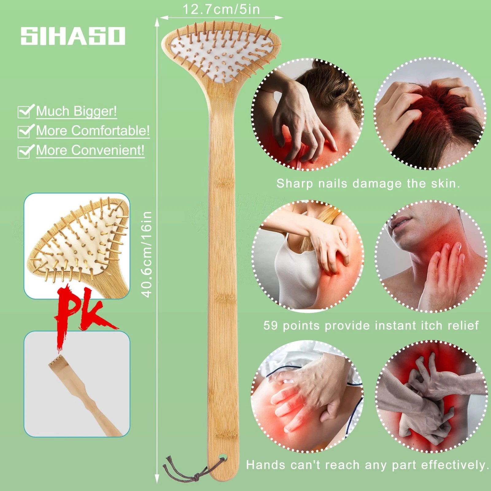 Large Curved Bamboo Back Scratcher - 59 Wooden Points Provide Instant Itch Re...