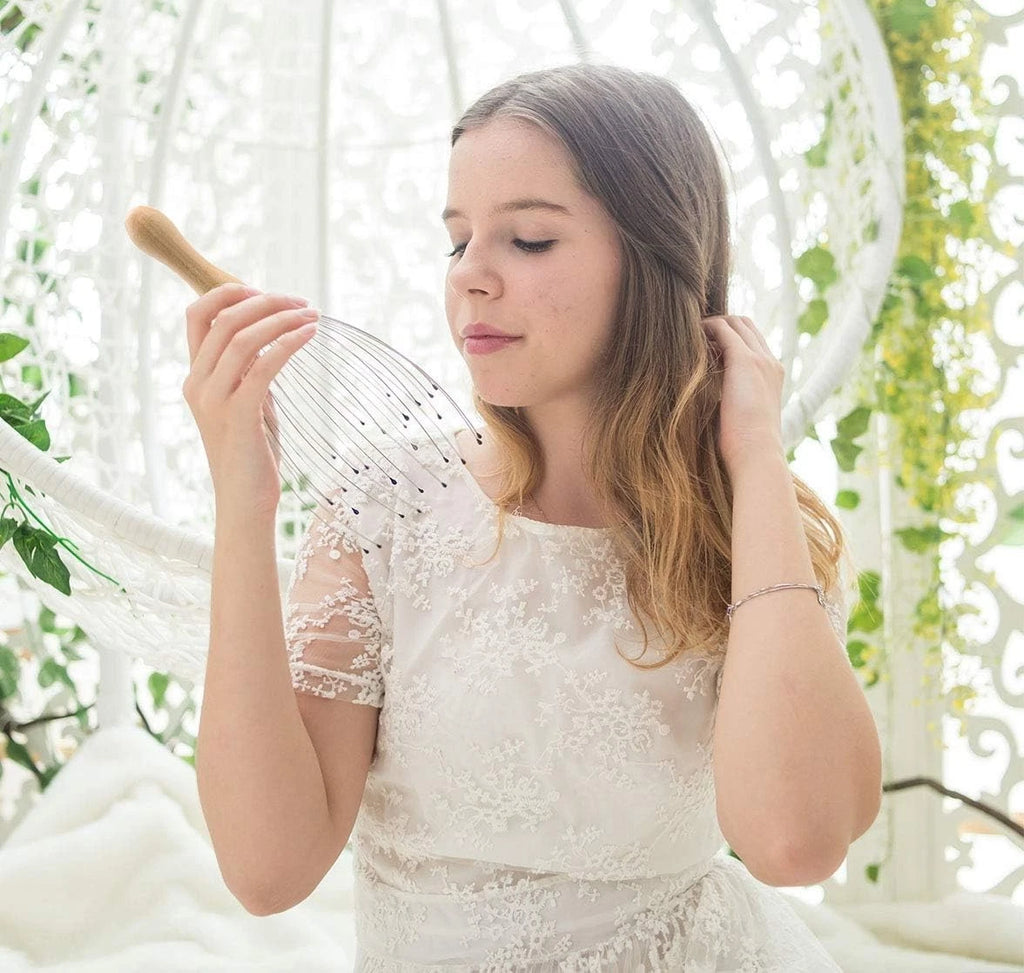 28-Finger Head Massager for Ultimate Relaxation - 2 Pack Stainless Steel & Wood