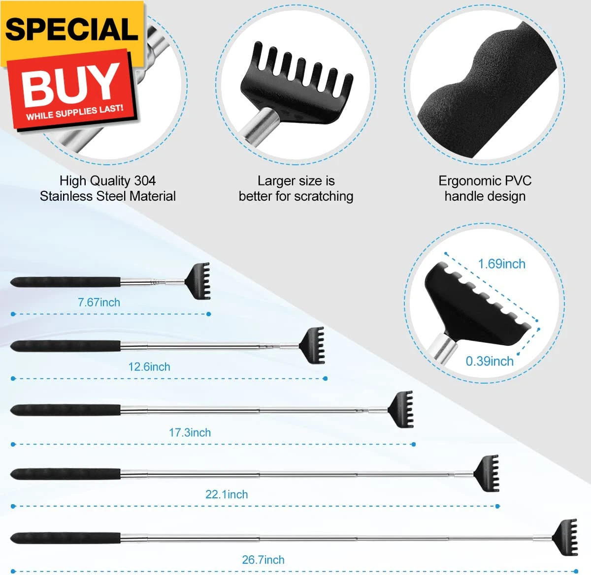 3 Pack Different Back Scratcher Metal Portable Telescoping with Rubber Handles,