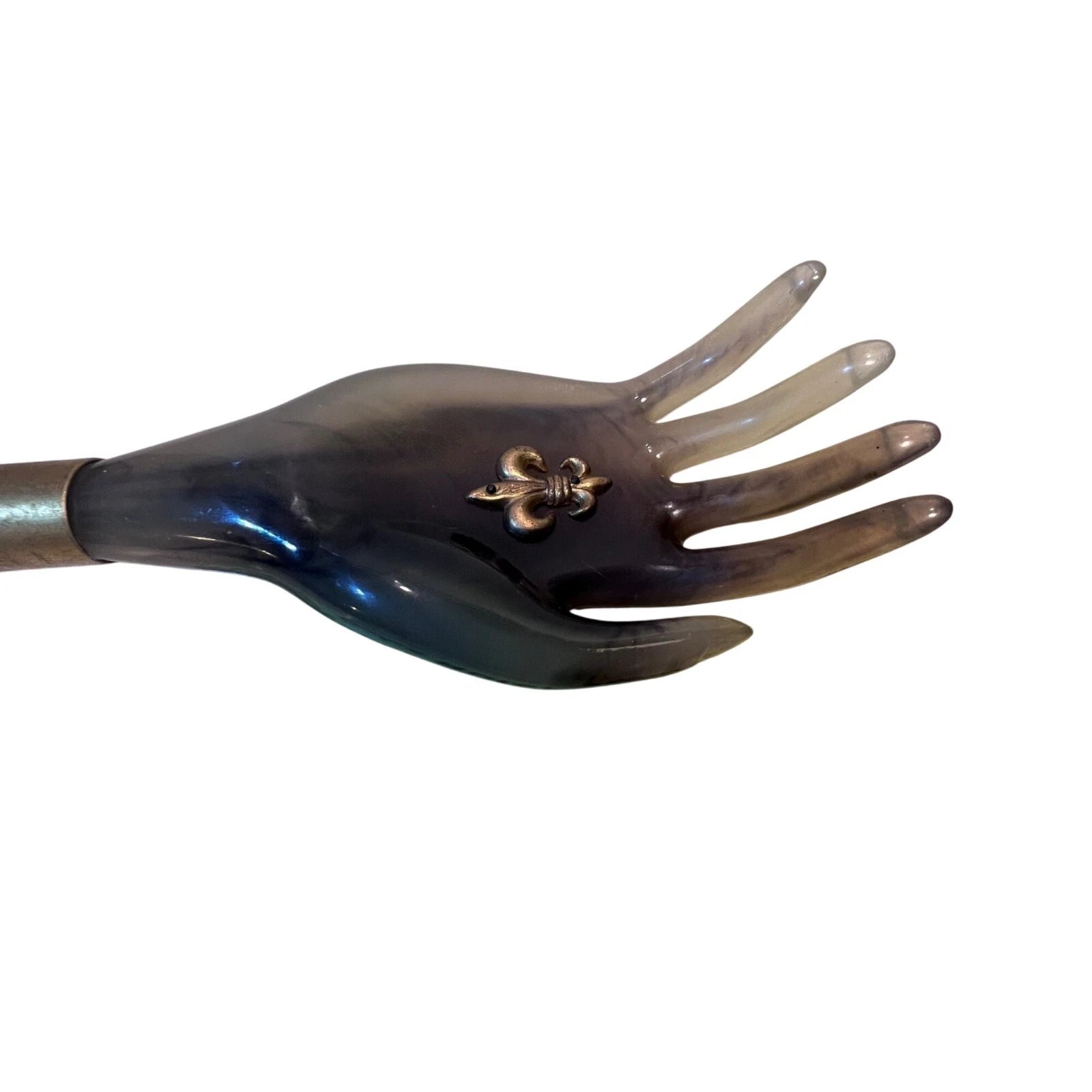 Vtg lucite & Bamboo Hand-Shaped Back Scratcher With Fleur-De-Lis Accent