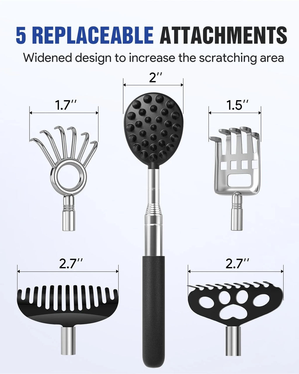 Telescopic back scratcher with 5 removable heads
