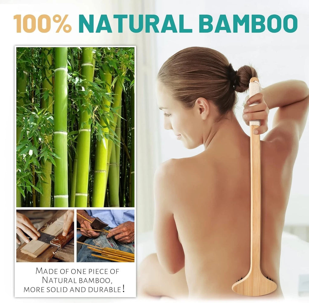 Bamboo Back Scratcher Oversized 22” Curved Handle 2 in 1 Massaging Body Brush
