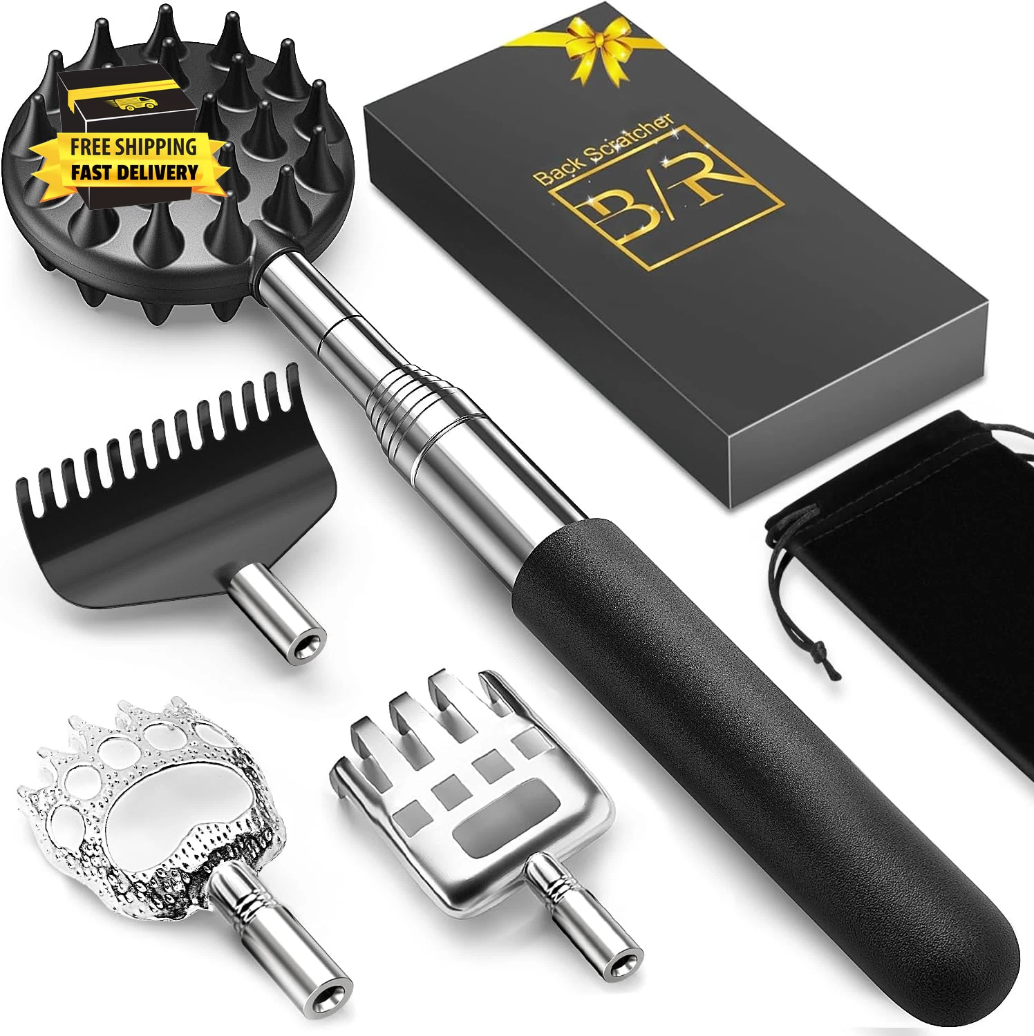 Telescoping Back Scratcher with 4Pcs Detachable Scratching Heads, Fathers Day Da