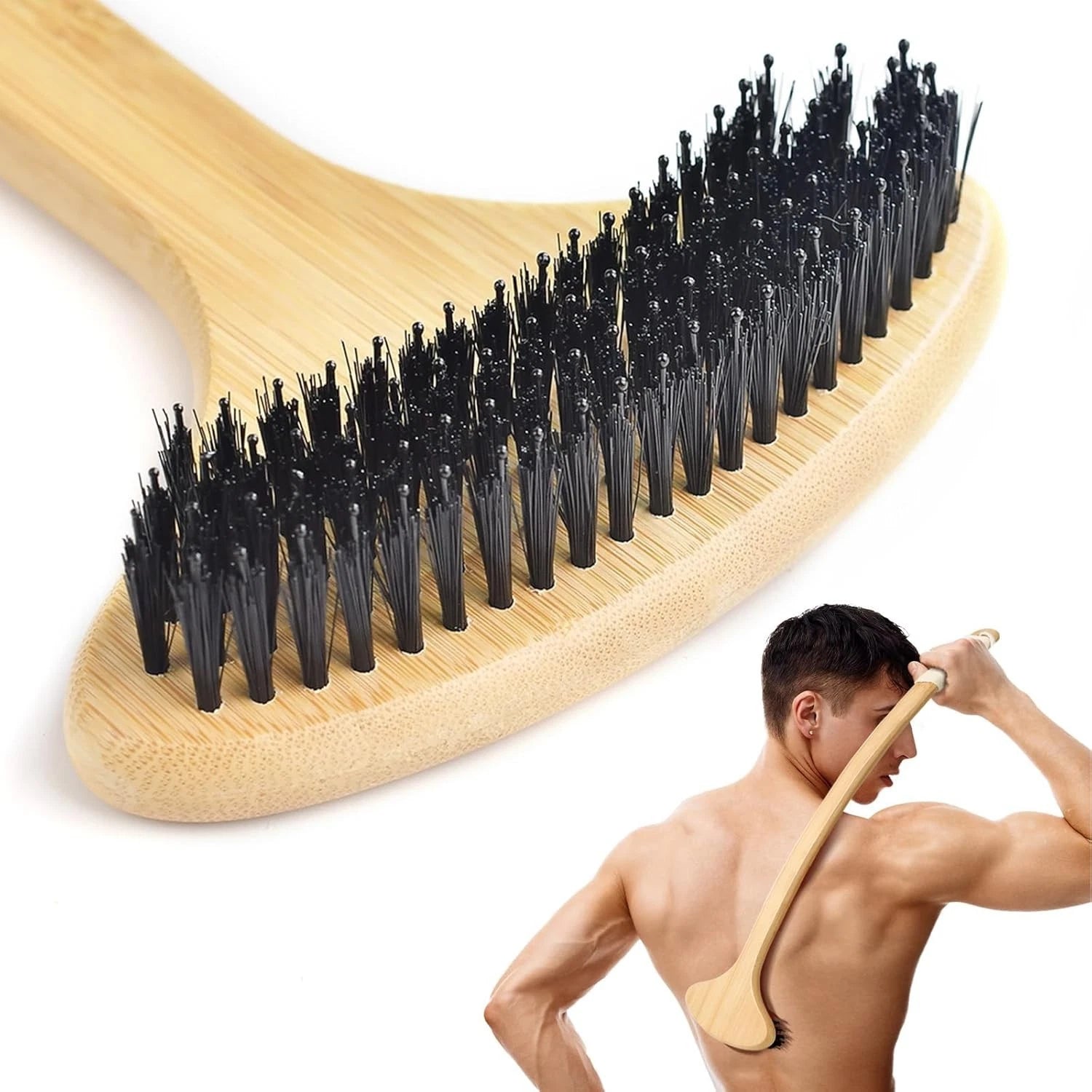Bamboo Back Scratcher Oversized 22” Curved Handle 2 in 1 Massaging Body Brush