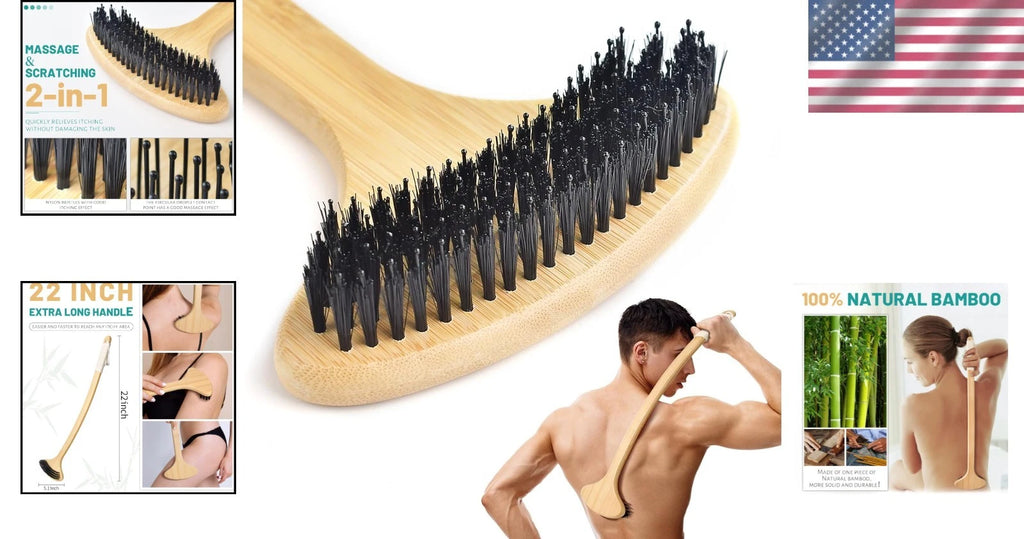 Bamboo Back Scratcher Oversized 22” Curved Handle 2 in 1 Massaging Body Brush