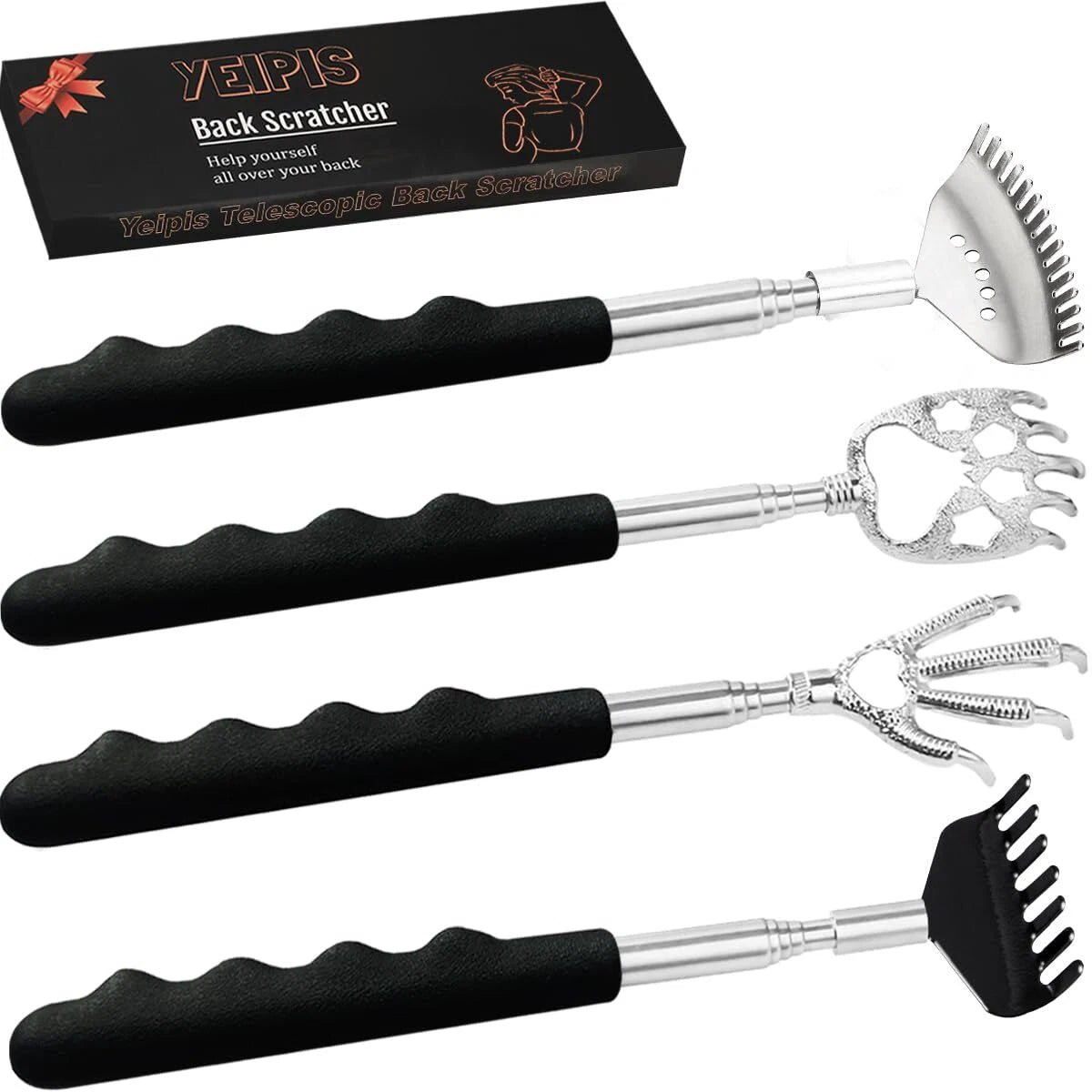 Yeipis 4Pcs Different Back Scratcher Extendable Back Massager Tool,Black