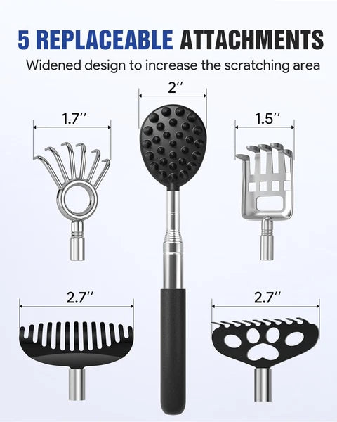 Telescopic back scratcher with 5 removable heads