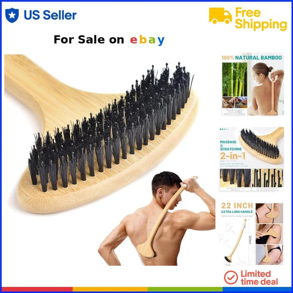 Bamboo Back Scratcher Oversized 22” Curved Handle 2 in 1 Massaging Body Brush