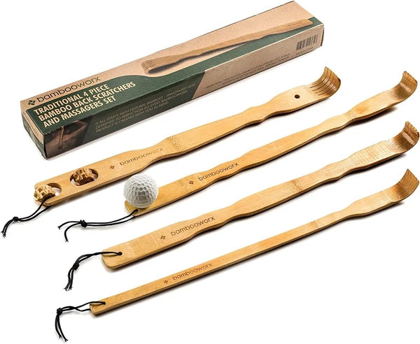 Bambooworx Traditional Bamboo Wooden Back Scratcher - 4 Piece Body Relaxation Ma